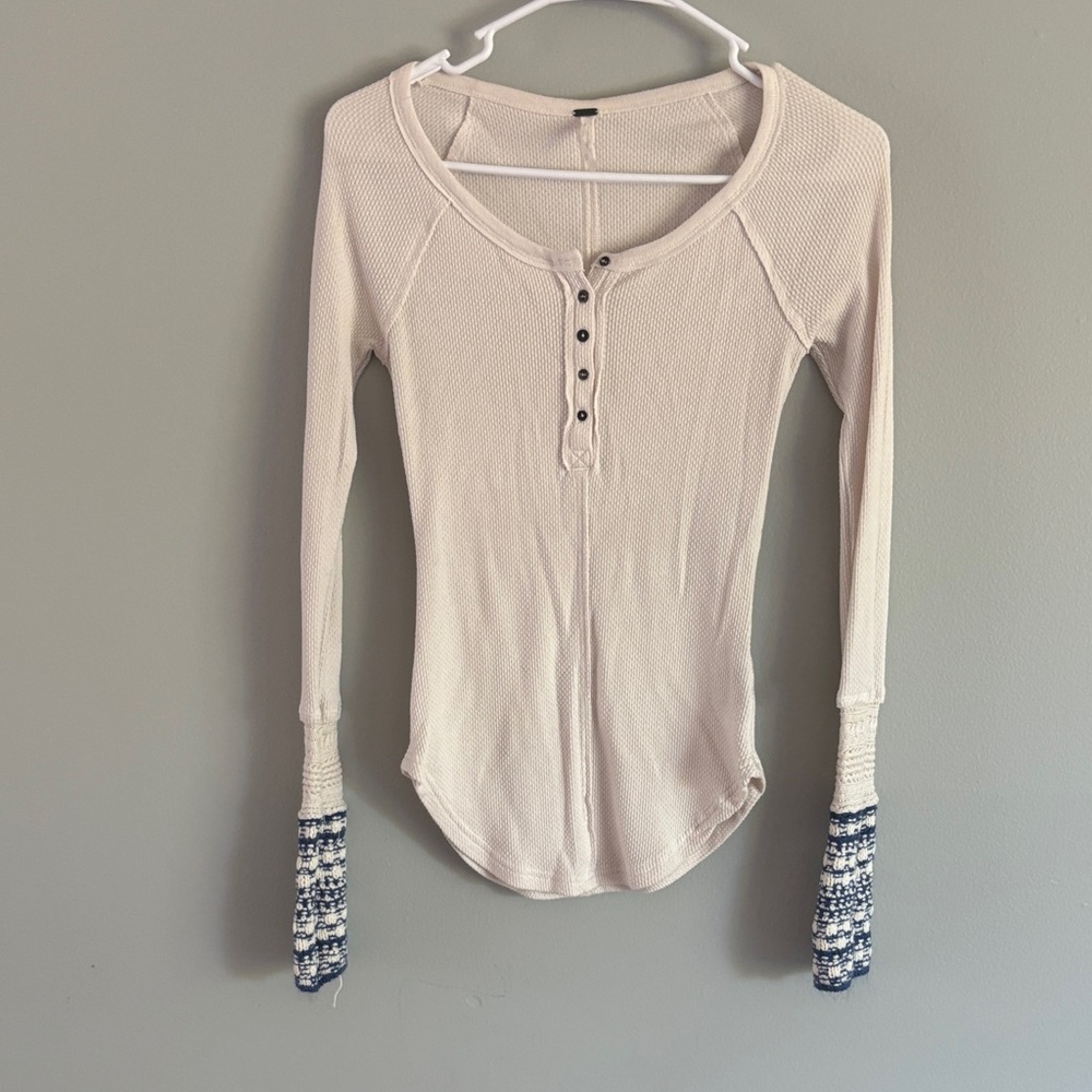 Free People Cream Long Sleeve Tee with Blue Accents
